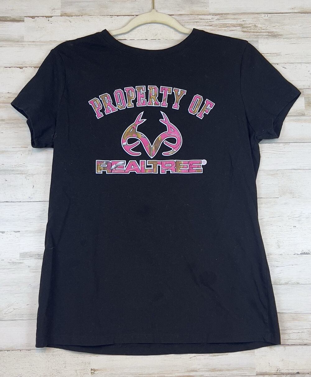 Realtree Property Of Womens T Shirt L Black Pink Camo Logo 100% Cotton Hunting